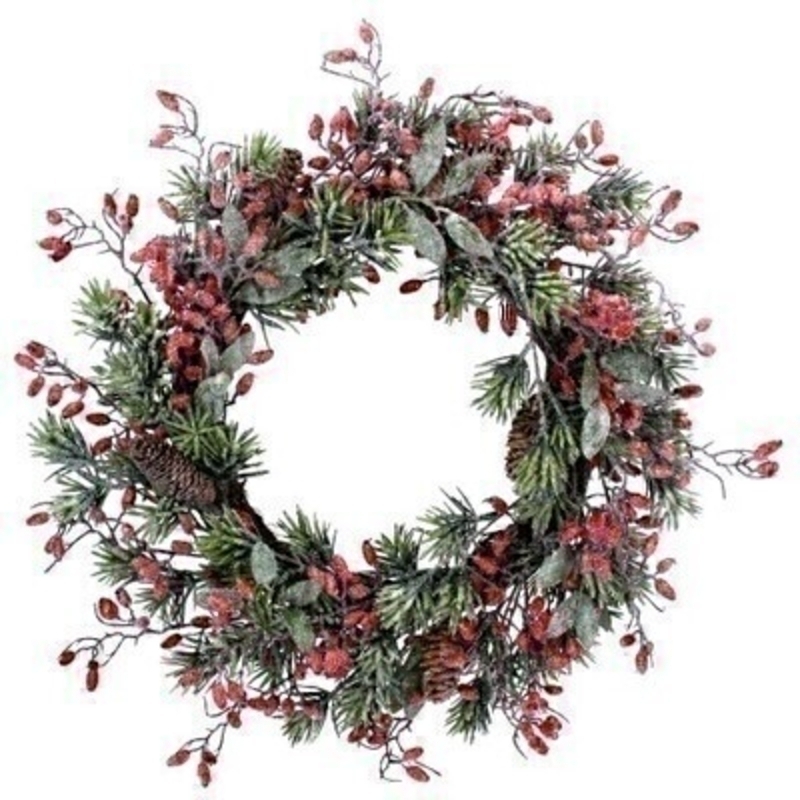 This frosted fir wreath is beautifully decorated with pinecones and red rosehips which makes it perfect for Christmas. This festive wreath by Gisela Graham will delight for years to come. It will compliment any front door and has a matching garland available. Remember Booker Flowers and Gifts for Gisela Graham Christmas Decorations. 